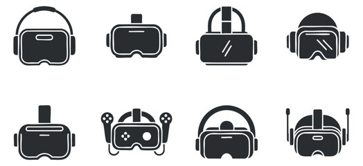 A collection of various virtual reality headsets in black silhouette vector style, ideal for technology and gaming projects