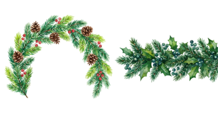 Watercolor Christmas Garland Border With Pine Cones Holly Berries Festive Evergreen Branches isolated on transparent background