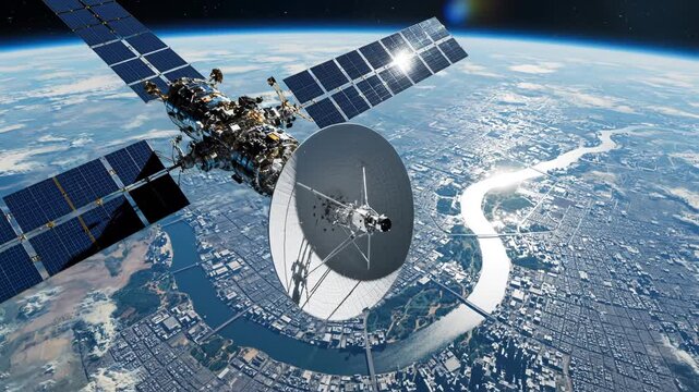 Satellite in orbit above city