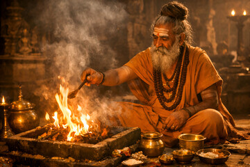 Hindu Priest Performing Fire Ritual Ceremony