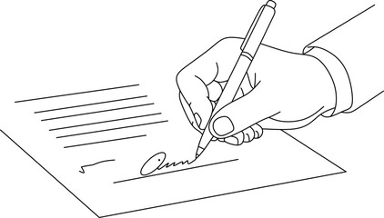 Hand signing contract document. Business agreement line art illustration