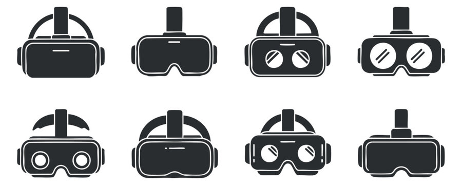 A collection of various virtual reality headsets in black and white flat vector style, suitable for technology and gaming projects - Powered by Adobe