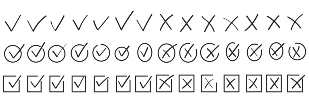 Check tick mark icon set. Cross box x check mark checkbox list vector draw hand drawn sketch doodle brush marker checklist symbol wrong right circle. hand drawn, grunge X sign. hand drawn tick mark