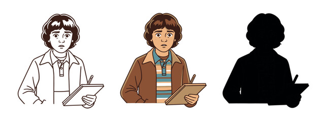 Set of three character icons of Will Byers from Stranger Things writing in a notebook: outline, full color, and black silhouette. Retro 80s inspired illustration.
