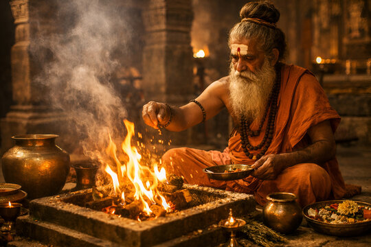 Hindu Priest Offering Prayers to Sacred Fire