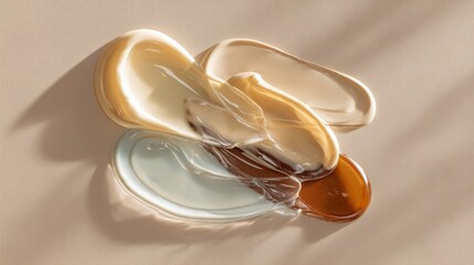 Abstract cosmetic cream smears with glossy texture on beige background