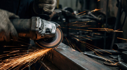 Angle Grinder Cutting through Square Steel Tubing with Bright Sparks