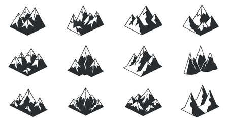 Fototapeta premium A collection of mountain illustrations featuring various peaks and slopes in clean black and white geometric vector style, suitable for outdoor adventure themes