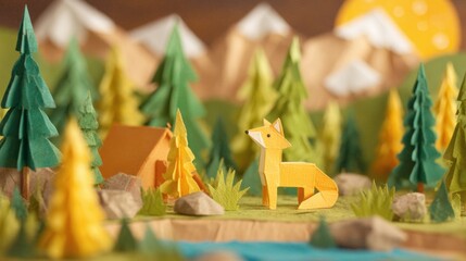 Obraz premium A paper fox is in front of a small tent surrounded by green and orange trees. Mountains rise in the background under a bright sun.