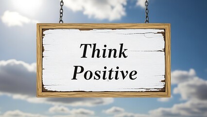 A wooden sign with the words Think Positive hanging in the sky