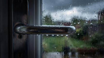 Chrome Door Handle with Water Droplets on Rainy Glass Background