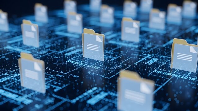 Secure cloud storage and data management system. Digital document organization and server folders. Glowing yellow file folders floating in a network
