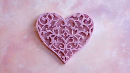 Fototapeta premium A heart shape with intricate designs is placed on a light pink background. The object has a smooth texture and detailed patterns.