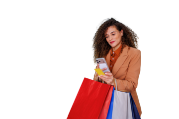 Woman holding smartphone and credit card, shopping online with bags, experiencing e-commerce on transparent background