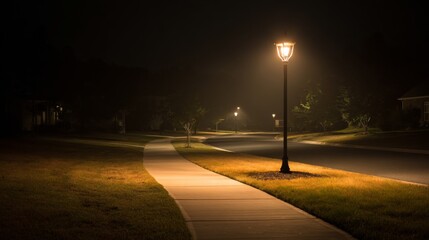 Quiet suburban street at night with glowing street lamp and winding sidewalk illumination