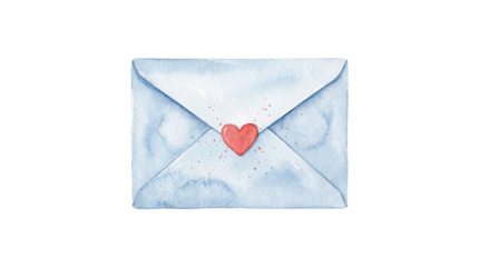 A watercolor illustration of a closed blue envelope with a red heart on transparent background