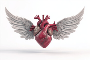 heart with wings and metal frame on white background, anatomical, organic, 3D model, love, passion, romance, romantic, photorealistic