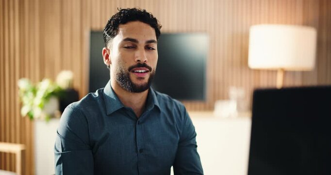 Creative, face and man with laptop, office and story submission on website, journalist and confident. Happy, reporter and publishing article with technology, media and person with pride in newsroom