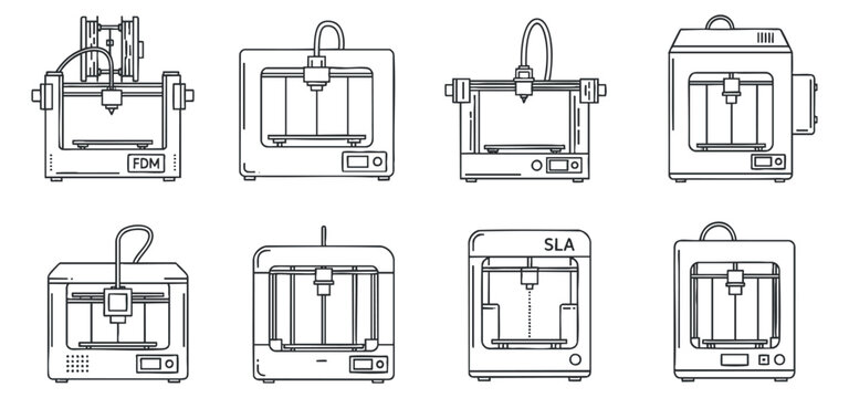 A collection of various 3D printers including FDM and SLA models in outline vector style, suitable for tech and design projects