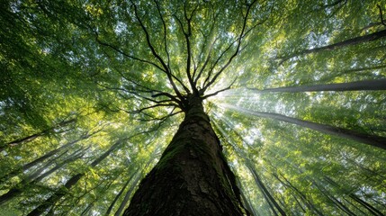 Sunbeams through green forest canopy