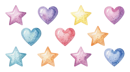 A colorful illustration of hearts and stars on transparent background