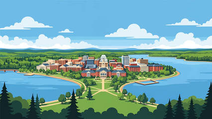 Obraz premium Flat vector illustration of a Madison-inspired cityscape positioned between lakes, featuring compact urban buildings, tree-lined shores and clean flat vector composition