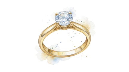 A gold diamond ring on transparent background with white paint splatters