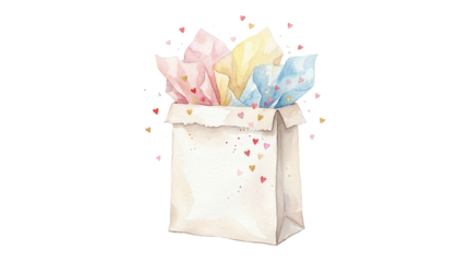 A white paper gift bag with colorful tissue paper and hearts on transparent background