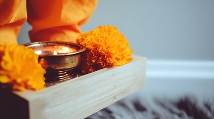 Close-up view of a lit candle in a brass holder with vibrant orange marigolds on a wooden tray