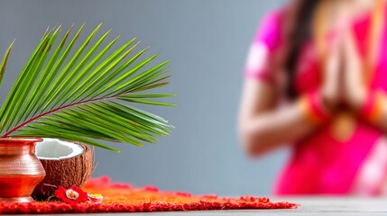 Traditional Indian ceremony with coconut, palm leaves, and person in colorful attire