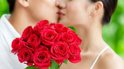 Romantic couple sharing a tender kiss while holding a bouquet of red roses in a garden setting