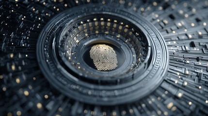Close-up of a golden fingerprint embedded in futuristic, circular technology