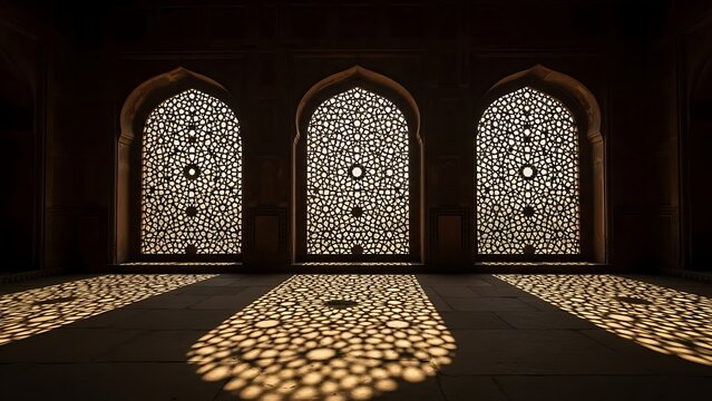 Golden sunlight streams through intricate jali windows, casting stunning geometric patterns on the floor of a historic interior