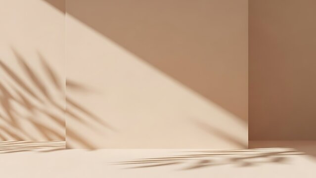 Minimalistic nude backdrop with tropical leaf shadows and natural sunlight