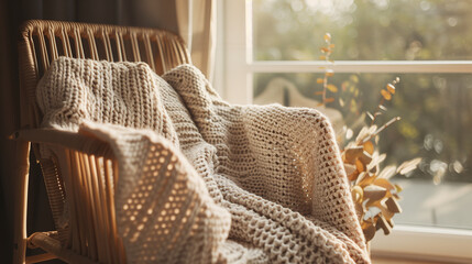 Cozy knitted blanket draped over a chair by the window with warm sunlight and copy space