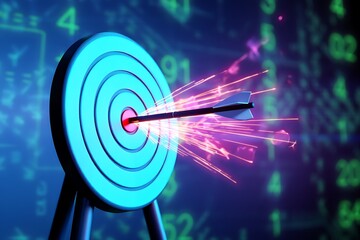 Futuristic dart hitting bullseye on digital target, glowing neon blue circles and data streams symbolize precision, success, strategy, innovation, business performance, and virtual technology concepts
