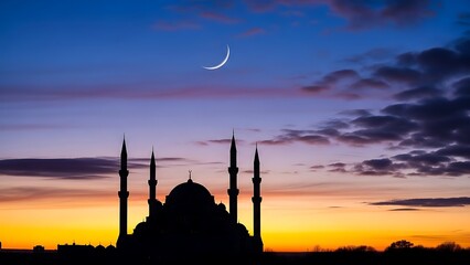 Obraz premium Majestic mosque silhouette against a vibrant twilight sky with a luminous crescent moon
