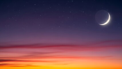 Obraz premium A glowing crescent moon against a star-studded sky, merging with a vivid fiery horizon