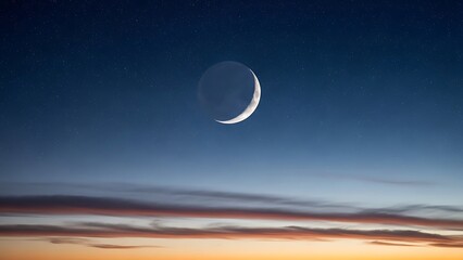 Crescent moon gracefully arcs across the vast expanse of a twilight sky with twinkling stars