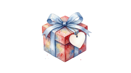 A beautifully wrapped gift box with a blue ribbon and heart tag on transparent background