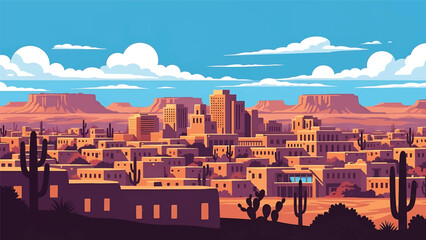 Flat vector illustration of a Santa Fe-style cityscape with adobe-inspired low-rise buildings, desert vegetation and cultural southwest atmosphere in solid flat colors © meeblues