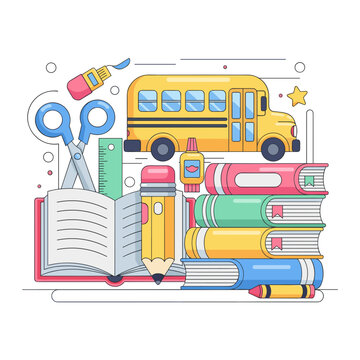 Comprehensive Back to School Display with Bus, Books, Backpack, and Learning Tools Illustration