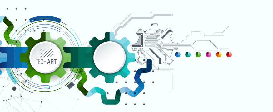 Stylized view of gears integrated with microcircuits. Concept of combining mechanics and electronics.