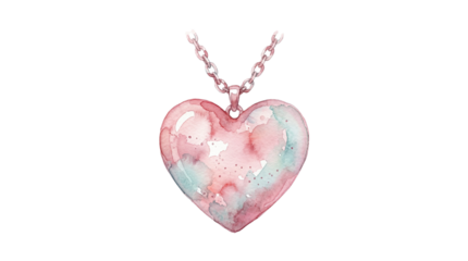 A pink heart-shaped pendant necklace on a transparent background