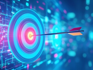Futuristic dart hitting bullseye on digital target, glowing neon blue circles and data streams symbolize precision, success, strategy, innovation, business performance, and virtual technology concepts