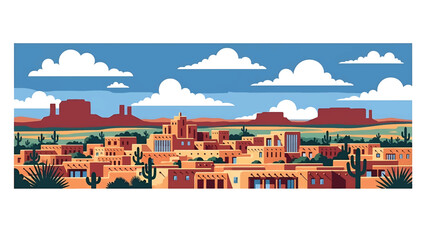 Flat vector illustration of a Santa Fe-style cityscape with adobe-inspired low-rise buildings, desert vegetation and cultural southwest atmosphere in solid flat colors © meeblues