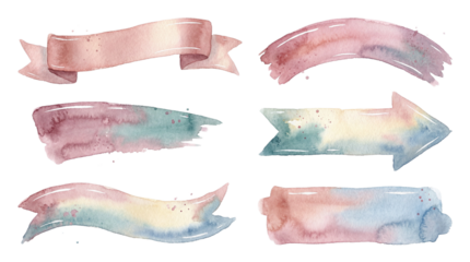 A set of colorful watercolor ribbons and arrows on transparent background