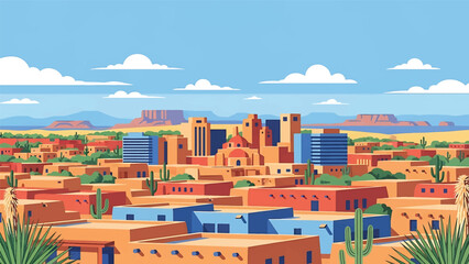 Flat vector illustration of a Santa Fe-style cityscape with adobe-inspired low-rise buildings, desert vegetation and cultural southwest atmosphere in solid flat colors © meeblues