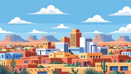 Flat vector illustration of a Santa Fe-style cityscape with adobe-inspired low-rise buildings, desert vegetation and cultural southwest atmosphere in solid flat colors © meeblues