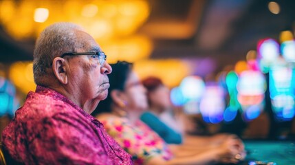 Obraz premium Older adults are seated at slot machines in a casino, focused on their game. Bright lights and sounds create an exciting atmosphere.